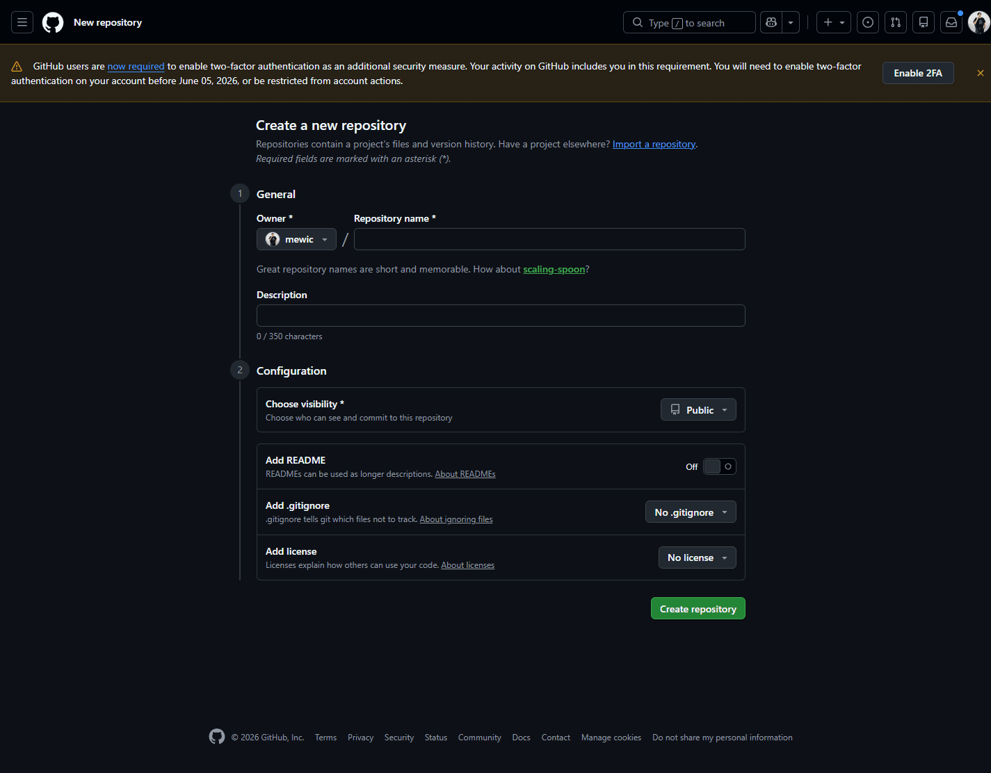 GitHub · Create a new repository form (blank)