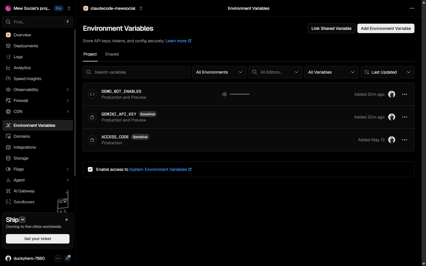 Vercel · Environment Variables settings