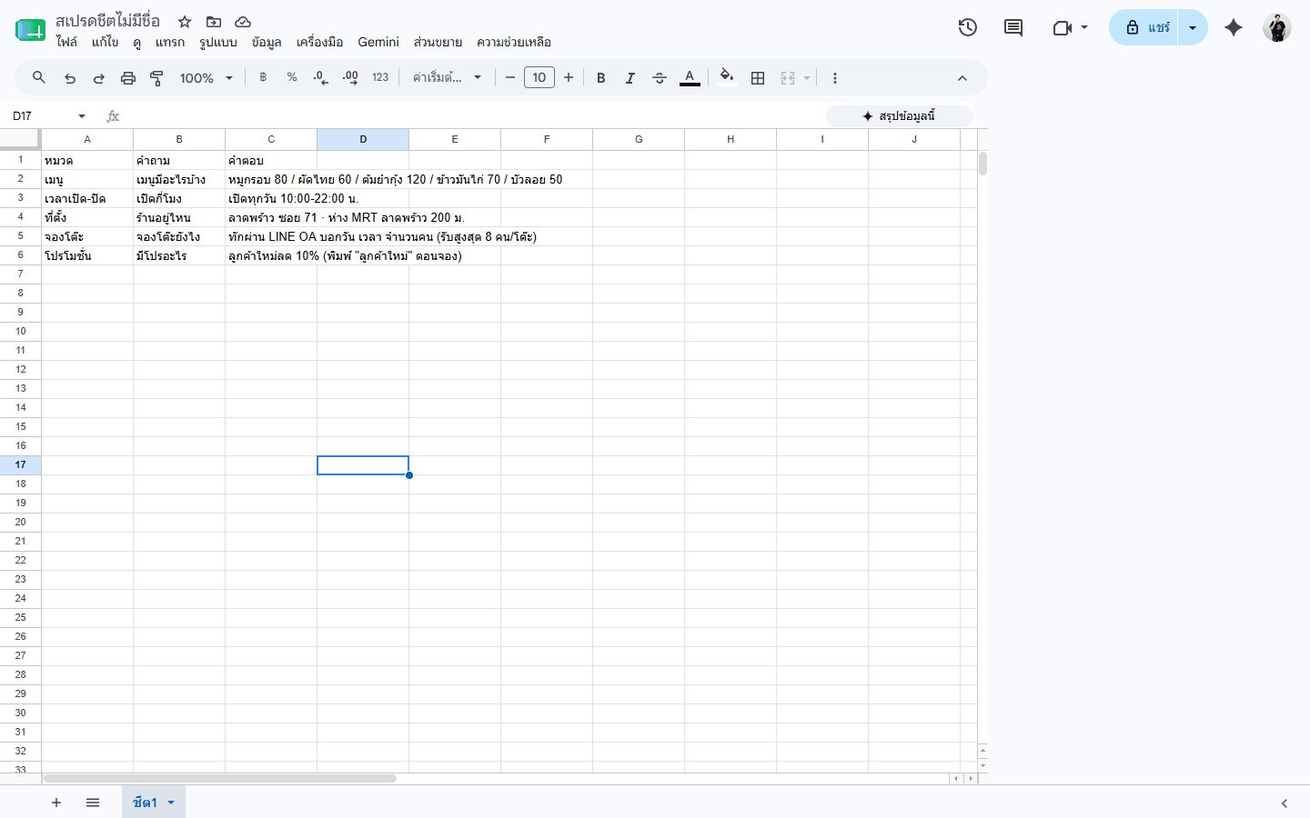 Google Sheet · ตัวอย่าง FAQ ของร้านอาหาร