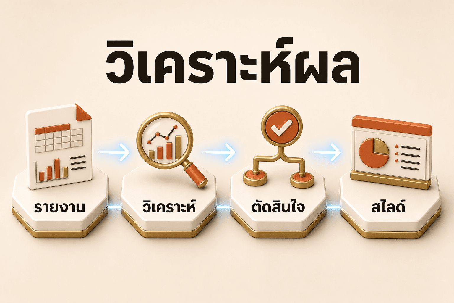 workflow วิเคราะห์: รายงาน → วิเคราะห์ → ตัดสินใจ → สไลด์