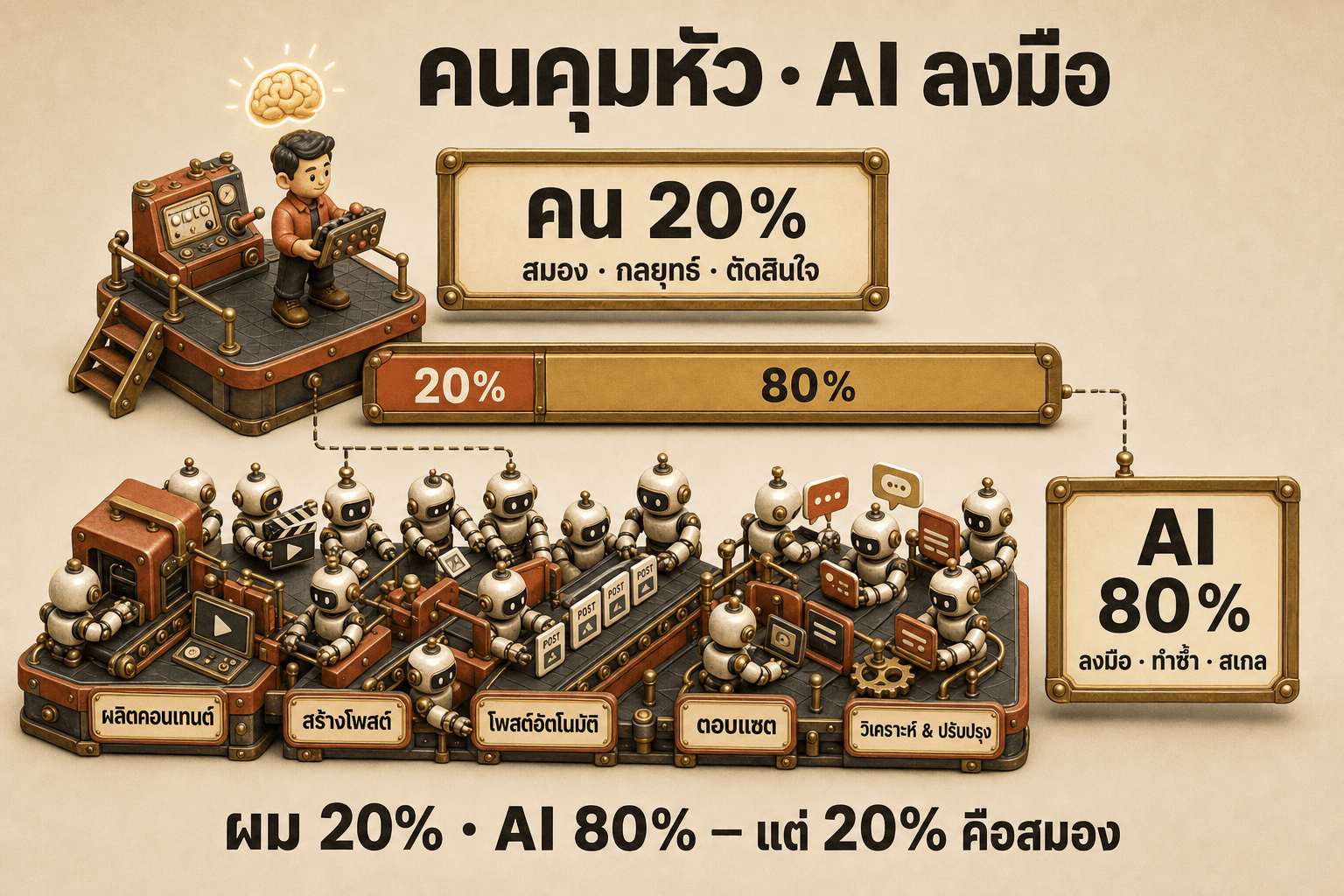คนคุมหัว 20 เปอร์เซ็นต์ คือสมอง กลยุทธ์ และเรื่องราวของธุรกิจ ส่วน AI ลงมือ 80 เปอร์เซ็นต์ คือทำซ้ำและสเกล
