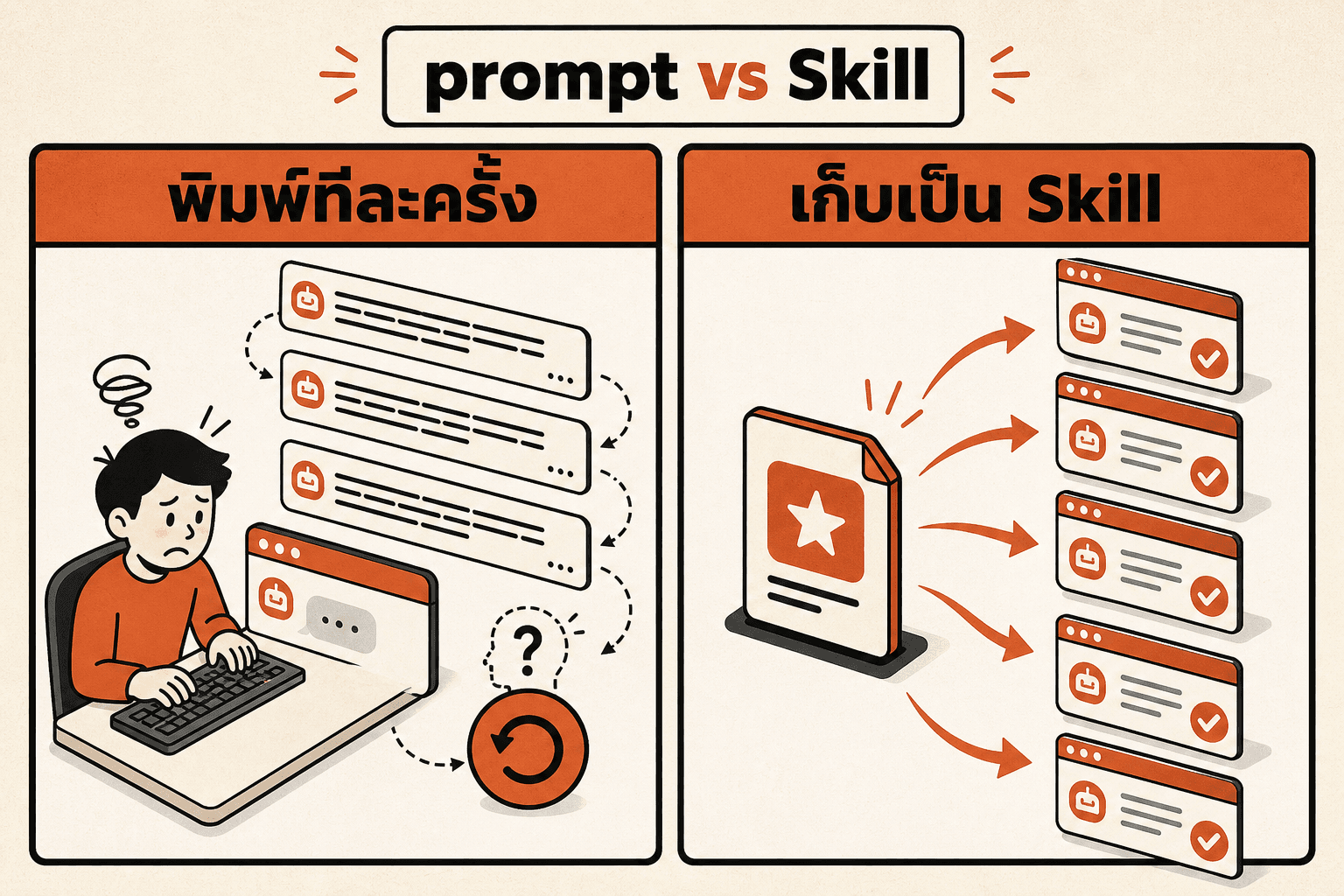 เปรียบเทียบสองวิธีใช้ Claude Code ฝั่งซ้ายพิมพ์พรอมป์ยาวทีละครั้งแล้วลืม ต้องเริ่มใหม่ทุกรอบ ฝั่งขวาเก็บวิธีทำงานเป็นสกิลไว้ครั้งเดียว แล้ว Claude หยิบมาใช้เองซ้ำได้ทุกครั้ง