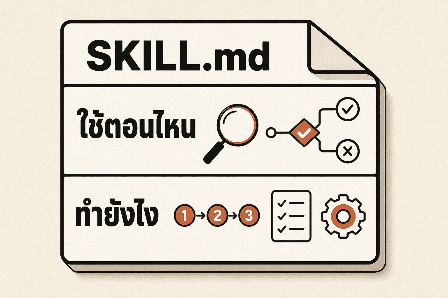 กายวิภาคของไฟล์ SKILL.md แสดงสองส่วน ส่วนหัวระบุชื่อสกิลและคำอธิบายว่าใช้ตอนไหน และส่วนเนื้อหาที่บอกขั้นตอนวิธีทำงาน